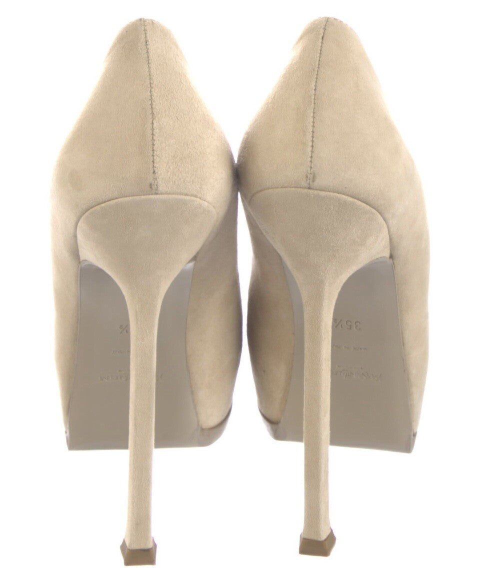 $995 YVES SAINT LAURENT RIVE GAUCHE NUDE SUEDE PLATFORM HEELS SZ 5.5 35.5