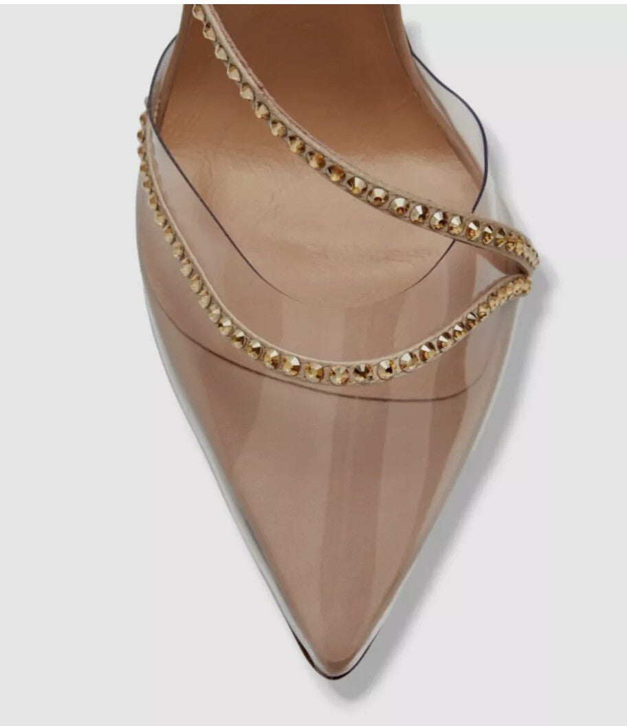 $695 NIB  NUDE LEATHER CRYSTAL ACCENTED ANKLE WRAP HEELS BY ANDREA WAZEN SZ 6 36