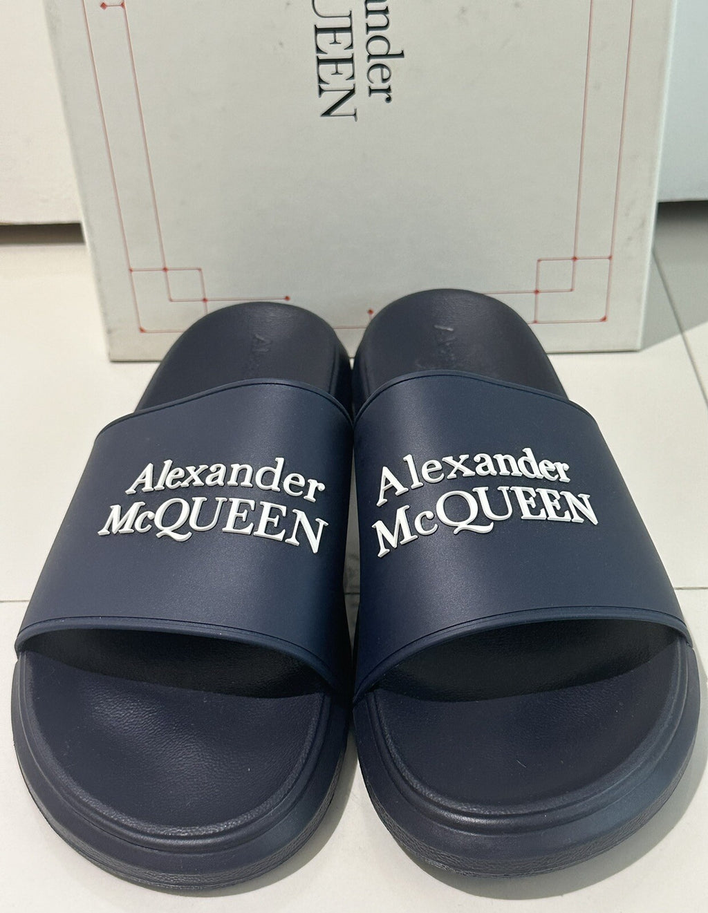 $350 NIB ALEXANDER MCQUEEN LOGO SLIDES NAVY BLUE/ WHITE SZ 43 / 10 US