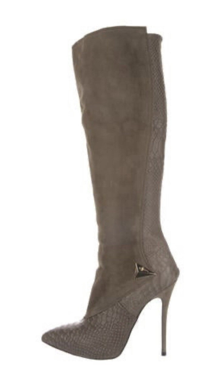 $1895 CESARE PACIOTTI PYTHON SNAKESKIN & SUDED KNEE HIGH BOOTS SZ 8.5 38.5