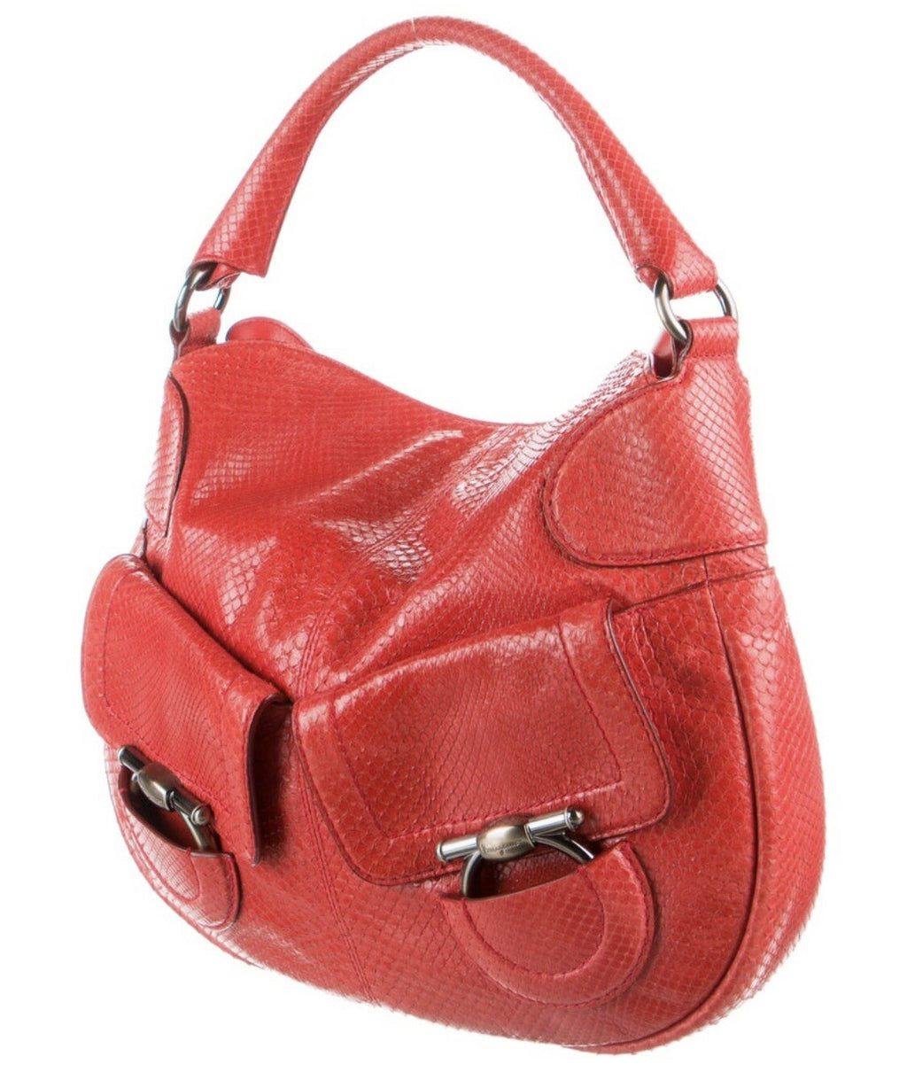 $3450 SALVATORE FERRAGAMO RED PYTHON SNAKESKIN HOBO BAG