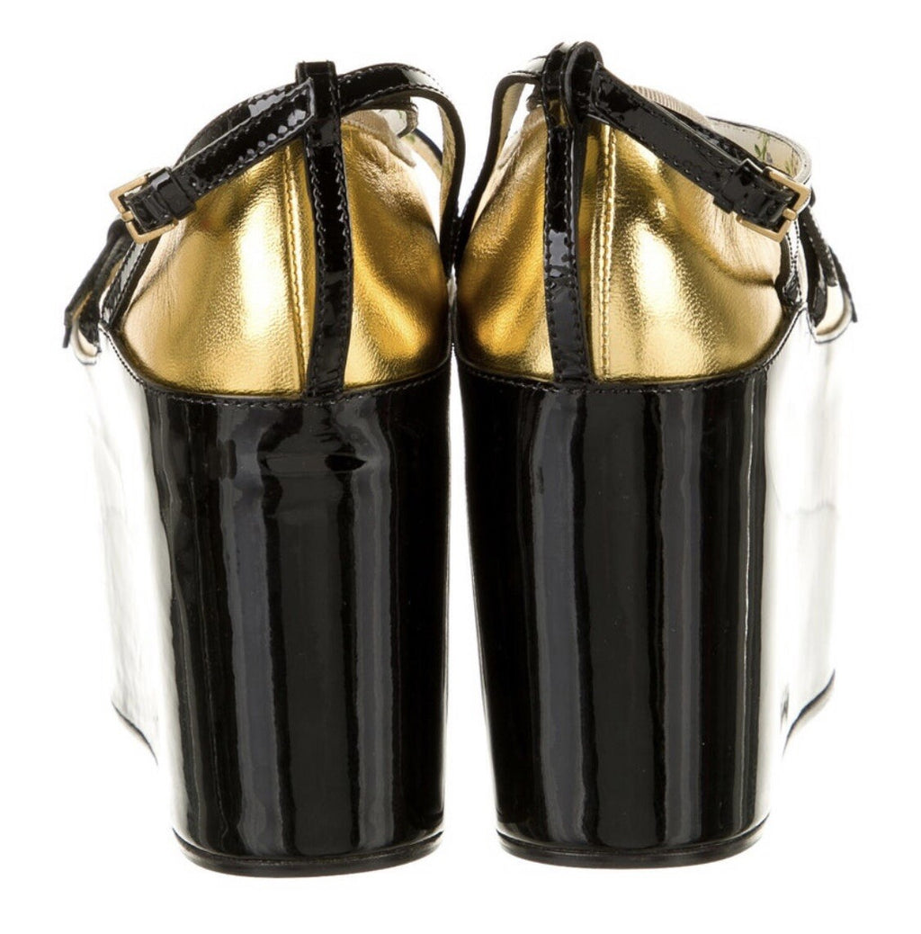 $1410 NIB GUCCI METALLIC GOLD LEATHER 2 IN 1 PLATFORM HEEL SANDALS  SZ 6.5 36.5