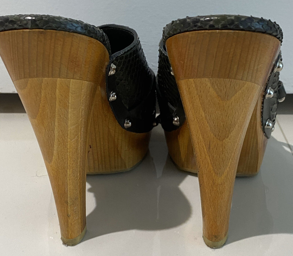 GUCCI GREEN PYTHON SNAKESKIN HORSEBIT WOODEN PLATFORM SANDALS SZ 36  6