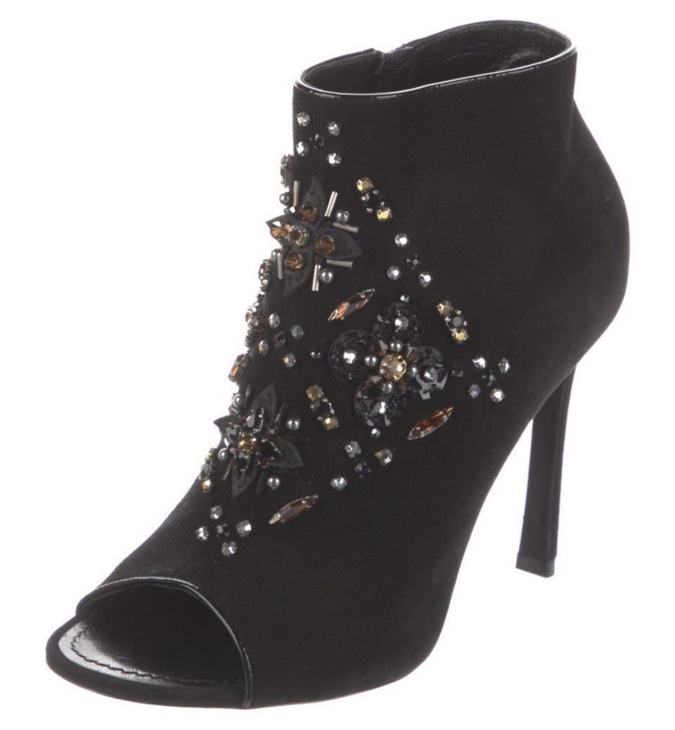 LOUIS VUITTON BLACK SUEDE CRYSTAL EMBELLISHED ANKLE BOOTS  SZ 6 36