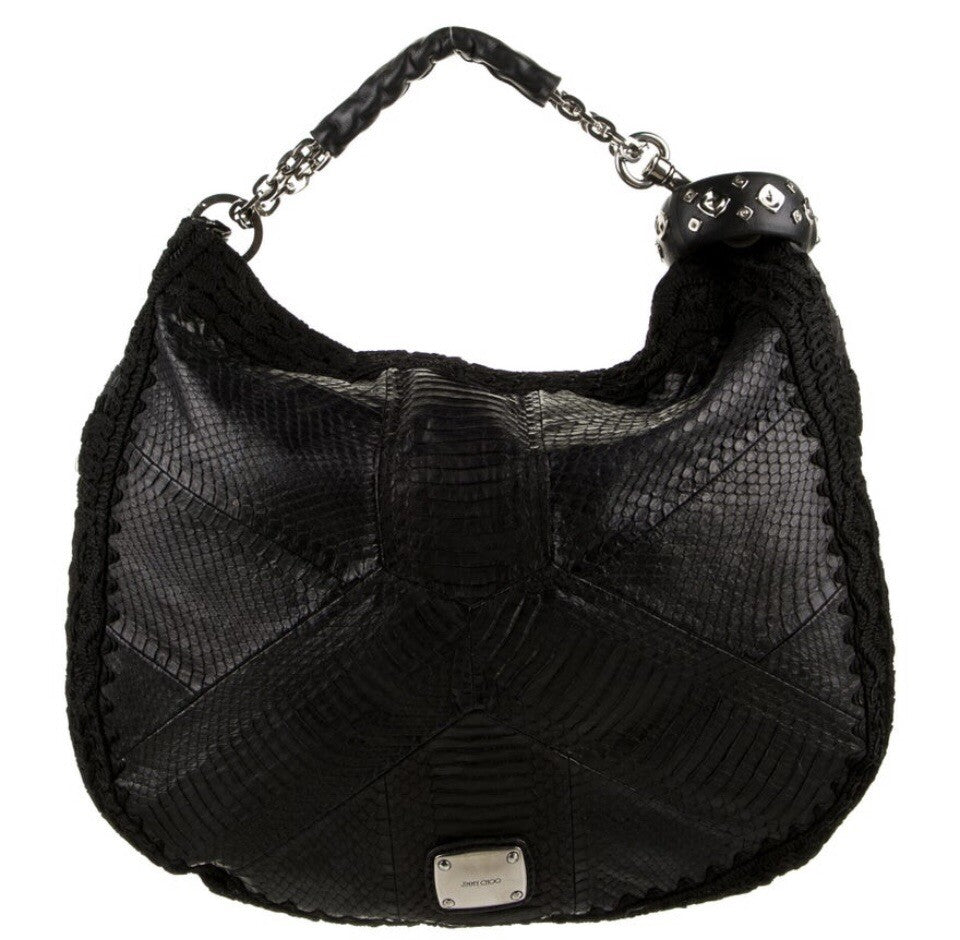 JIMMY CHOO BLACK PYTHON SNAKESKIN & CROCHET ACCENT HOBO BAG