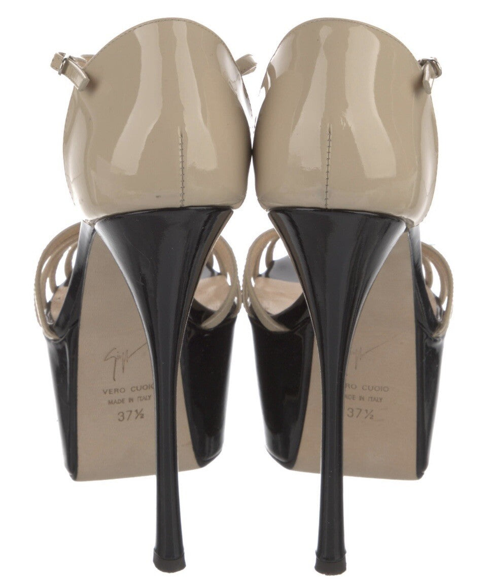 $995 GIUSEPPE ZANOTTI NEUTRAL PATENT LEATHER STRAPPY PLATFORM HEELS SZ 7.5 37.5