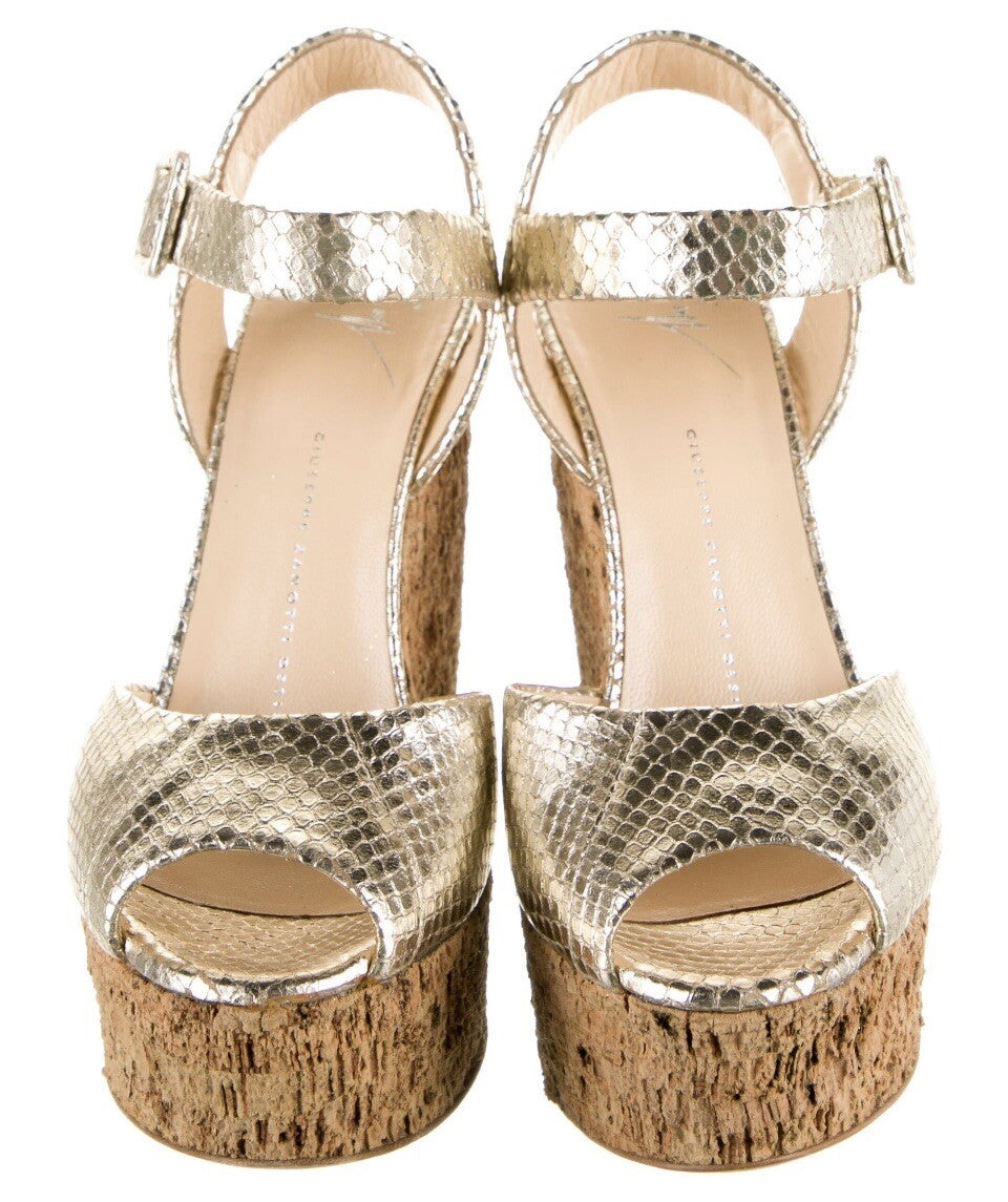 GIUSEPPE ZANOTTI METALLIC GOLD EMBOSSED SNAKESKIN CORK WEDGES SZ 8.5 38.5