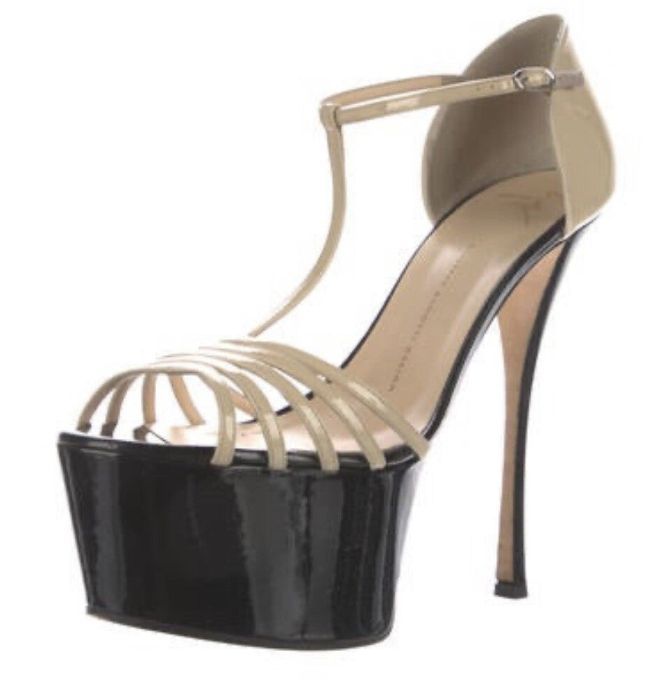 $995 GIUSEPPE ZANOTTI NEUTRAL PATTENT LEATHER STRAPPY PLATFORM HEELS SZ 12 42