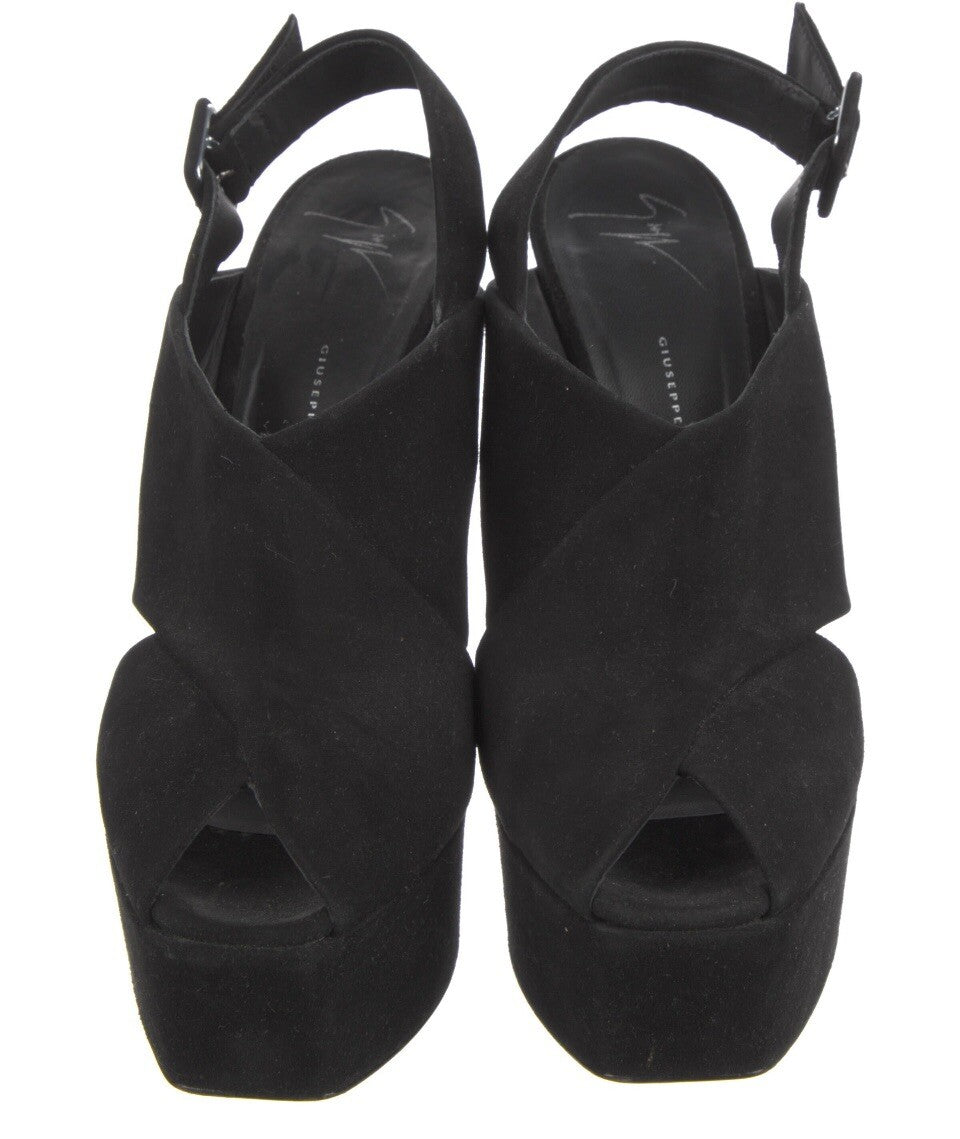 $1625 GIUSEPPE ZANOTTI BLACK SUEDE CRYSTAL EMBELLISHED PLATFORM SANDALS SZ 11 41