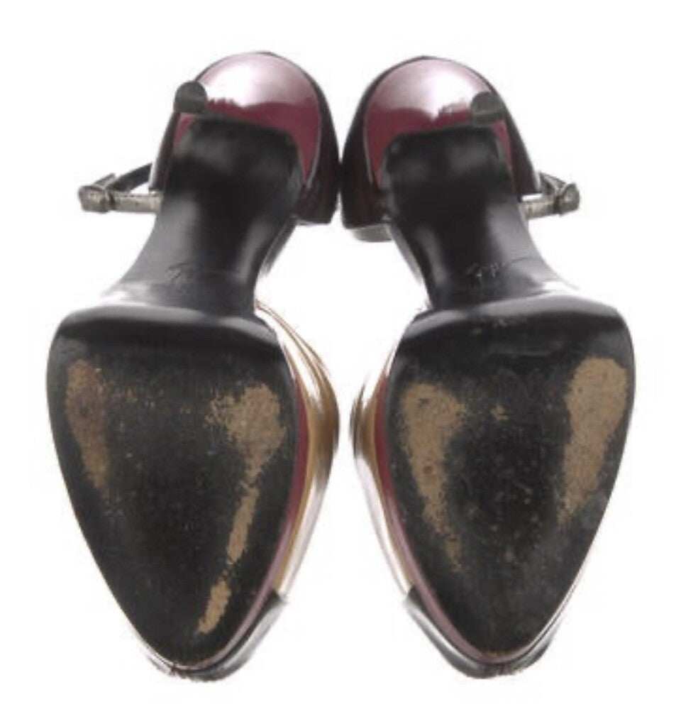 $995 GIUSEPPE ZANOTTI BURGUNDY PATENT LEATHER PEEP TOE HEELS SZ 6.5 36.5