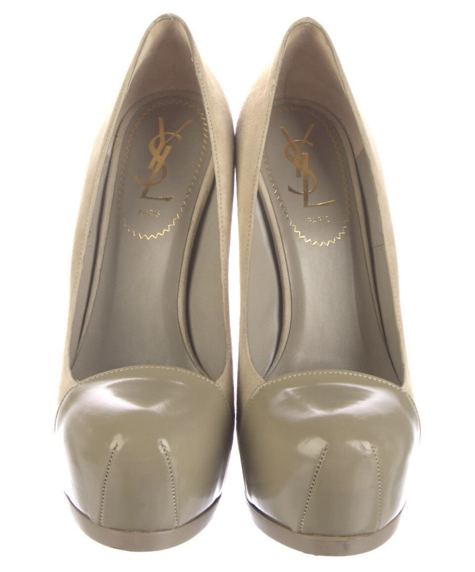$995 YVES SAINT LAURENT RIVE GAUCHE NUDE SUEDE PLATFORM HEELS SZ 5.5 35.5