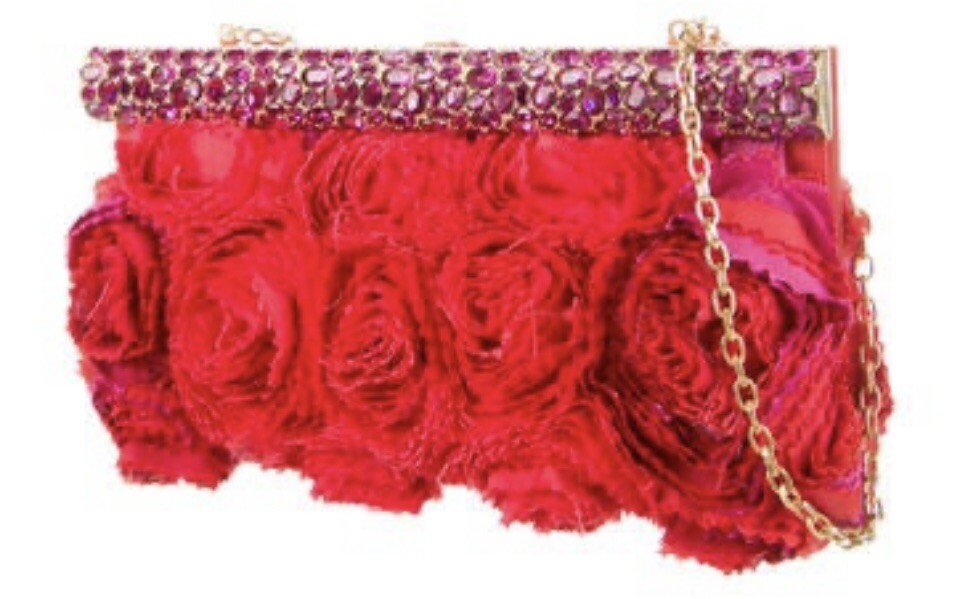VALENTINO SATIN RED ROSIER CLUTCH WITH SWAROVSKI CRYSTALS & OPTIONAL CHAIN