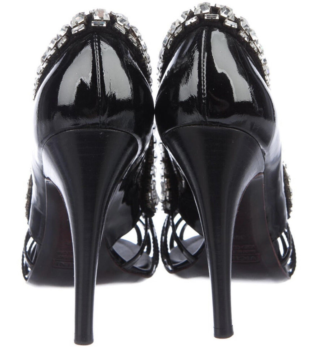 $1600 GIUSEPPE ZANOTTI CRYSTAL HEELS BLACK PATENT LEATHER SZ 9.5 39.5