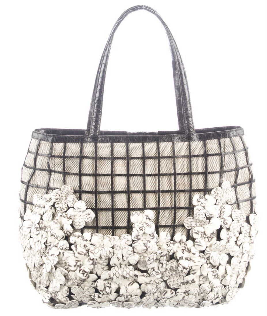 $4400 NANCY GONZALEZ CROCODILE & PYTHON 3D FLOWER LARGE EMBELLISHED TOTE BAG