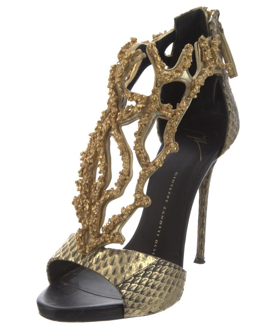 $2195 GIUSEPPE ZANOTTI GOLD PYTHON BEADED CORAL HIGH HEEL SANDALS SZ 6 36