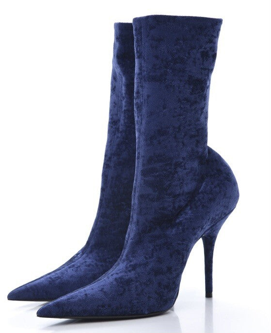 $1290 NIB BALENCIAGA BLUE VELVET MID CALF BOOTS SZ 6 36