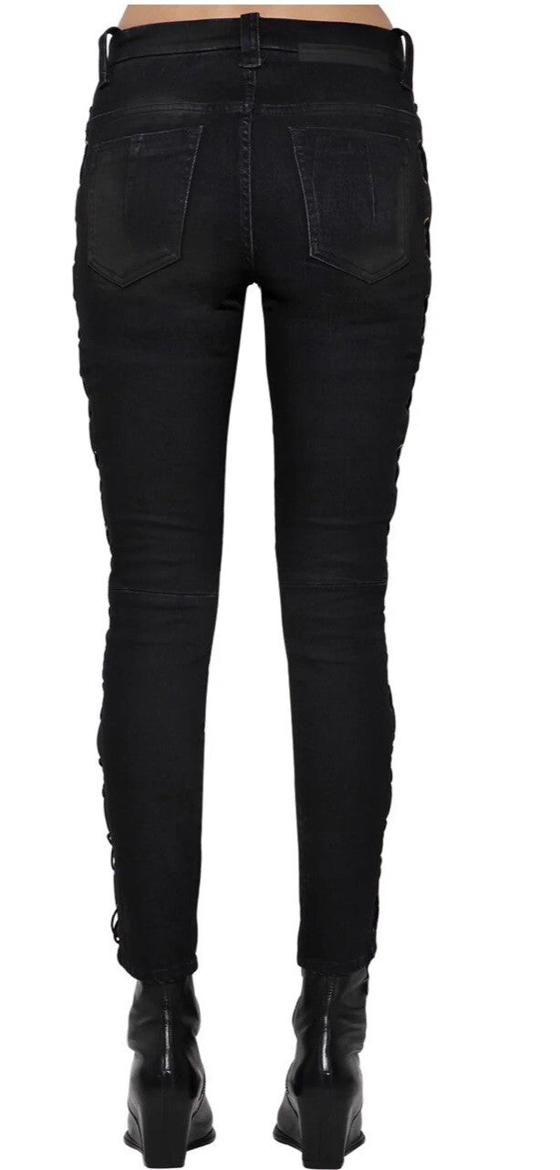 $1350 NWT BEN TAVERNITI UNRAVEL PROJECT BLACK LACE UP SKINNY JEANS SZ XS 24