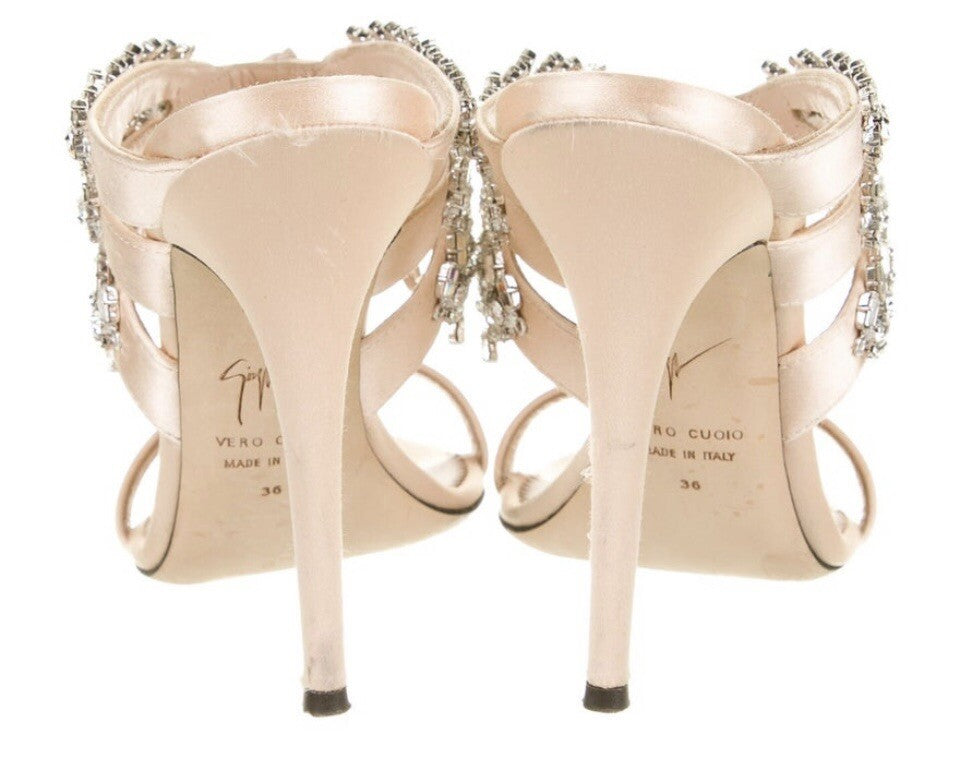 GIUSEPPE ZANOTTI NUDE SATIN CRYSTAL EMBELLISHED HEELS SZ 6 36