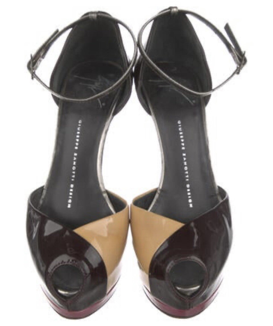 $995 GIUSEPPE ZANOTTI BURGUNDY PATENT LEATHER PEEP TOE HEELS SZ 6.5 36.5