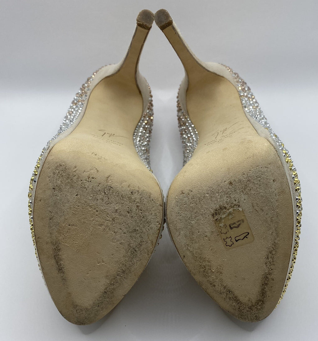 $1095 GIUSEPPE ZANOTTI NUDE SUEDE GOLD SILVER STUDDED PLATFORM HEELS SZ 5 35